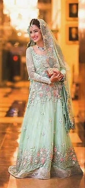 Enjoy Discount Bridal maxi in mint green color with heavy dabka threds crystals pearls nagh and cutwork Model#B1005 Elegant Attire