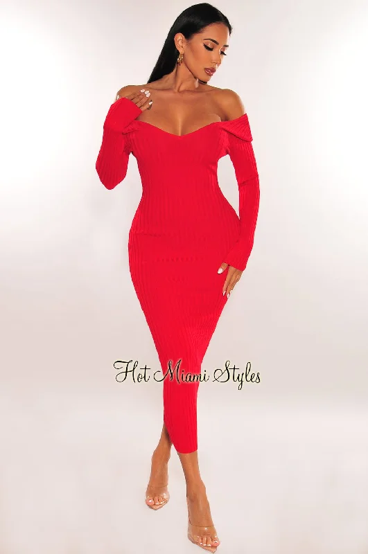 Casual Chic Red Ribbed Knit Long Sleeves Dress Modern Glamour