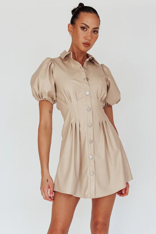 Trend Alert Zurich Pleated Waist Shirt Dress Faux Leather Nude Urban Sophistication