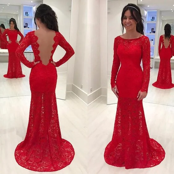 Daring Fashion Promotions Sexy Backless Red Long Sleeve Lace Mermaid Evening Prom Dresses    cg19671 Flash Sale