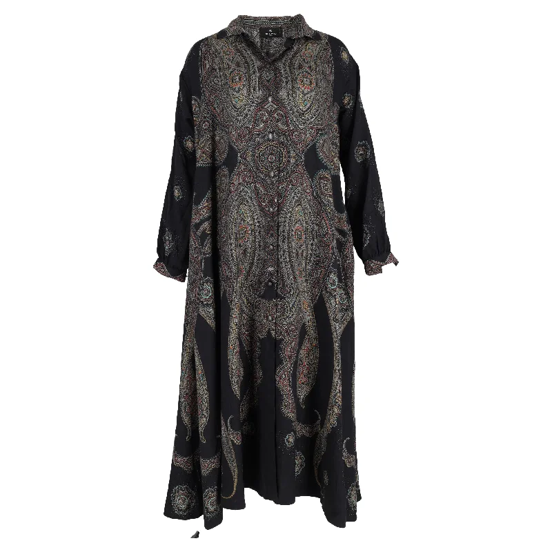 Mega Sales Etro Paisley Print Midi Shirt Dress in Black Viscose Chic Sophistication