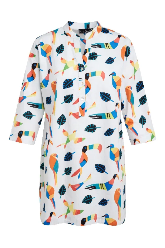 Chic Style, Always In Vogue White Fiesta Parrots Shirt Dress Bohemian Vibe