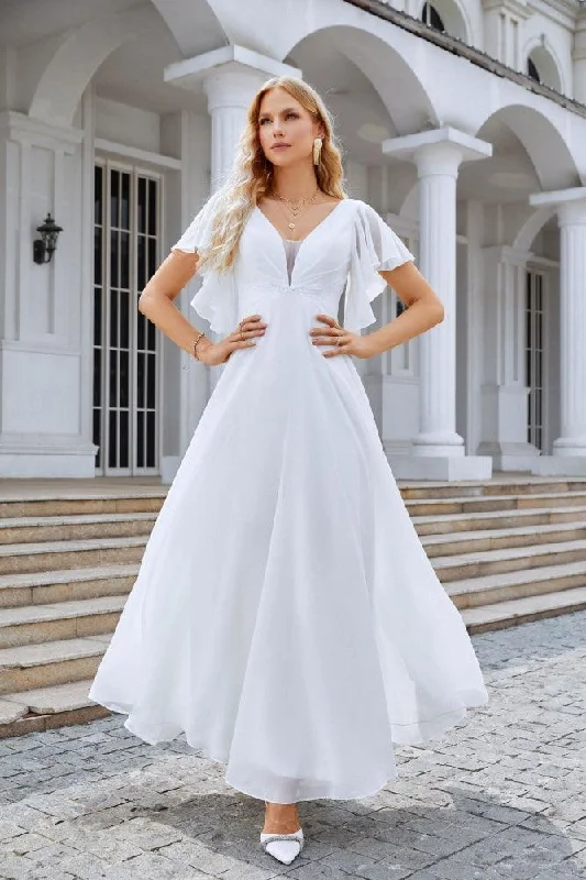 Romantic Fashion Discounts Ladies V Neck Ruffle Sleeves Chiffon Bridesmaid Evening Dress Beach Wedding Party Evening Dress 28097 Modern Romance