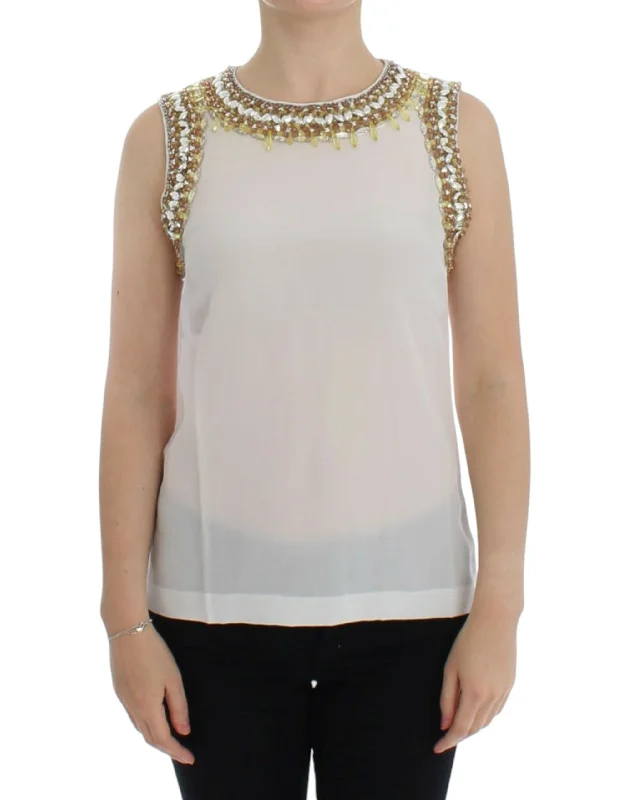 Trendy Threads Dolce & Gabbana Elegant Sleeveless Silk Blouse with Crystal Embellishment Vibrant Prints