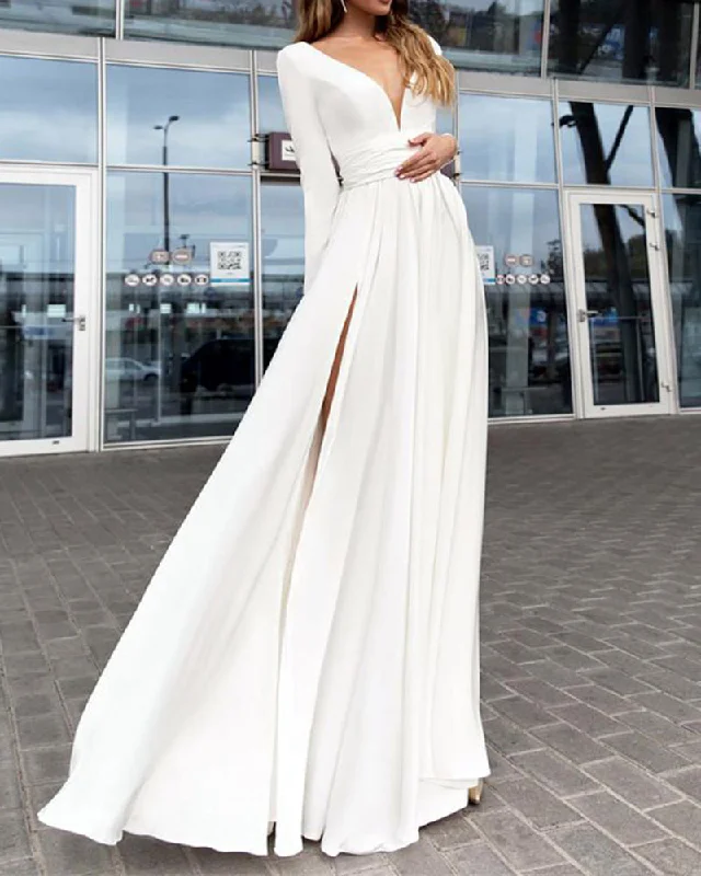 Avant-Garde Style Promotions White V neck Long Sleeves Evening prom Long Dresses with Split Classic Timeless Elegant Style