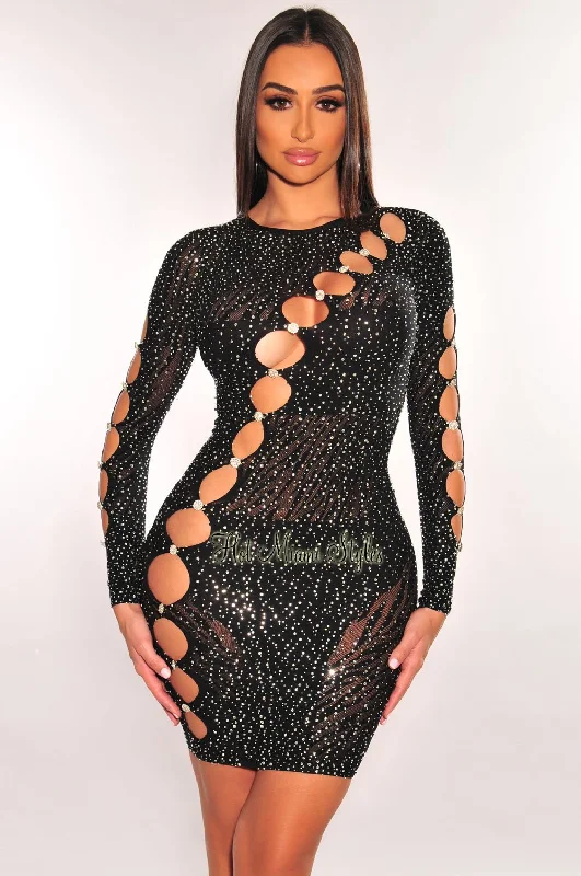 Exclusive Discount Black Rhinestone Studded Cut Out Long Sleeve Seamless Dress Nordic Minimalist Home Look