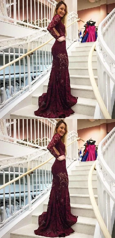 Trendy Fashion Sale Mermaid High Neck Backless Long Sleeves Burgundy Lace Prom Dress With Pockets   cg14363 Urban Sophistication