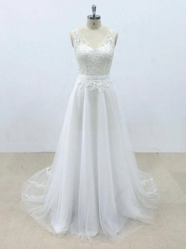 Everyday Elegance Sale Simple V Neck Tulle Skirt Lace A-line Wedding Dresses Online, WD394 Nordic Minimalist Home Look