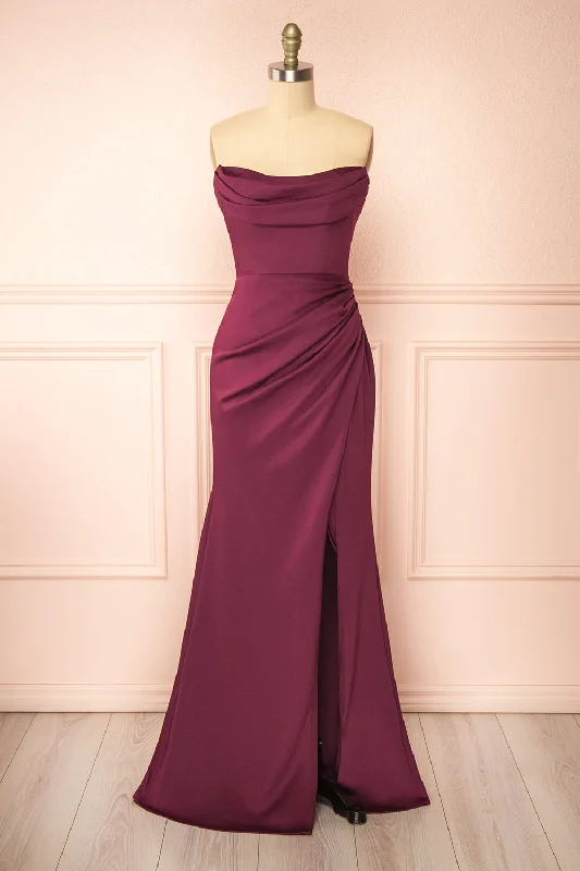 Comfortable Chic Ailsa Burgundy | Strapless Gown w/ High Slit Subtle Sophistication