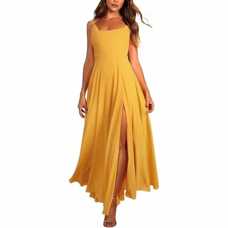 Clearance Sale, All Cheap Long Chiffon Bridesmaid Dresses For Wedding A Line Cowl Neck High Slit Formal Dress with Pocket Summer Fashion