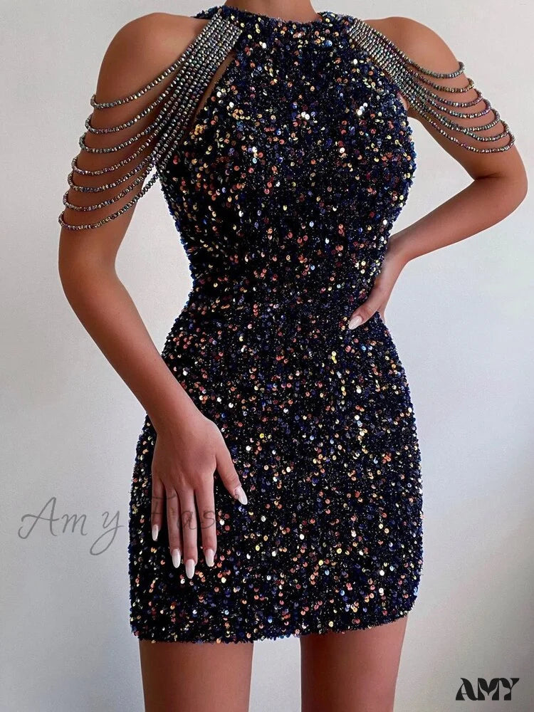 Low Price Special Amy Fashion - Sleeveless Off Shoulder Skinny High Waist Halter Chain Sequin Dress Effortless Grace