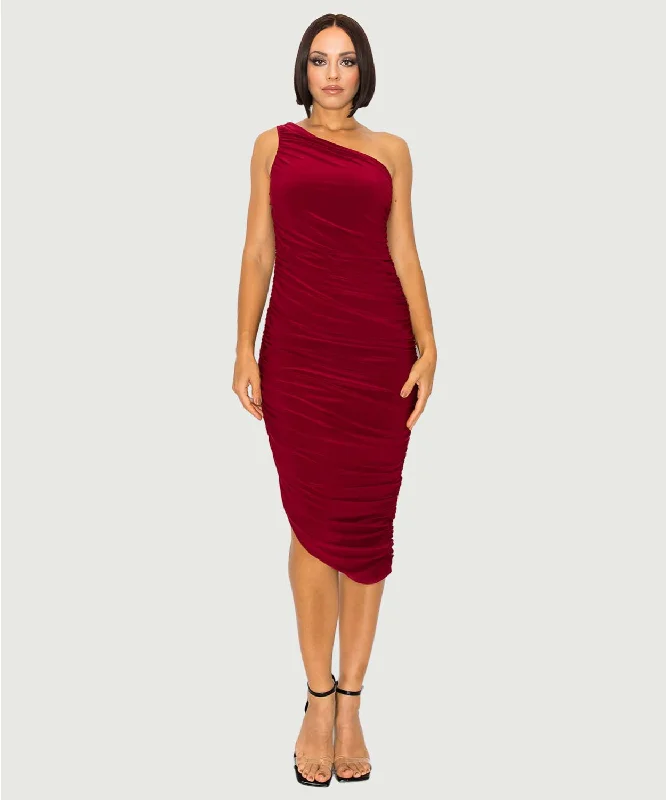 Fast Fashion Favorites One Shoulder Ruched Bodycon Dress | Black, Burgundy Minimalist Elegant