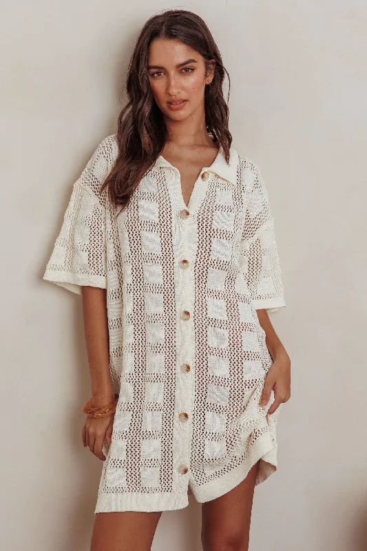 Fashion-Forward Best Friend Knit Shirt Dress Beige Bohemian Vibe