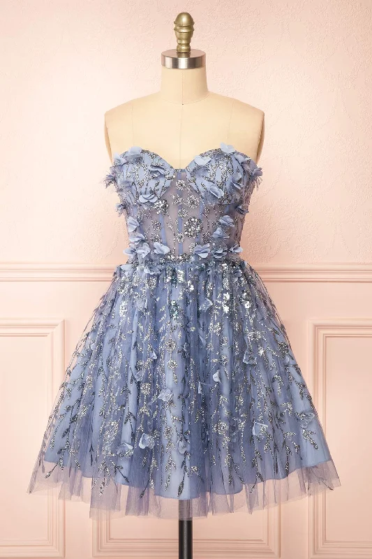 Find Your Unique Flair Eudora | Short Sparkly Blue Dress w/ Floral Appliqués Nordic Minimalist Home Look