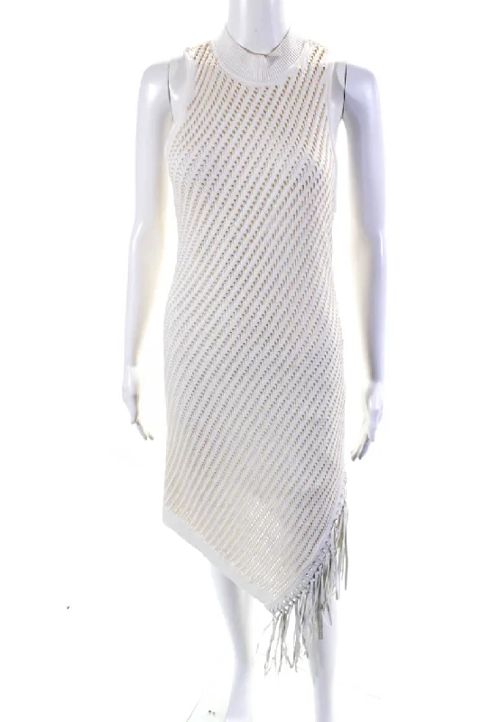 Timeless Elegance Sale Jonathan Simkhai Womens Open Knit Sleeveless Fringe Shift Dress White Chic Sophistication