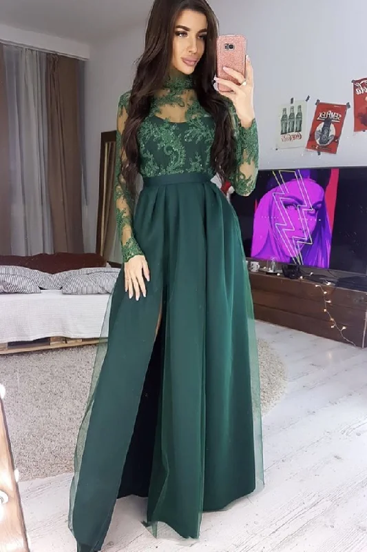 New Styles Just In Long Sleeves High Neck Green Lace Long Prom Dress, Long Sleeves Green Formal Dress, Green Lace Evening Dress   cg19007 Minimalist Office - Ready Style