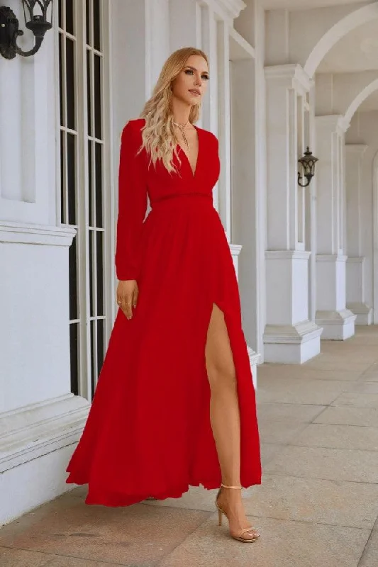 Fashion Forward Femininity Ladies V Neck Chiffon Long Sleeve Front Slit Bridesmaid Evening Dress Wedding Party Shopping Evening Dress 28109 Vintage Elegance