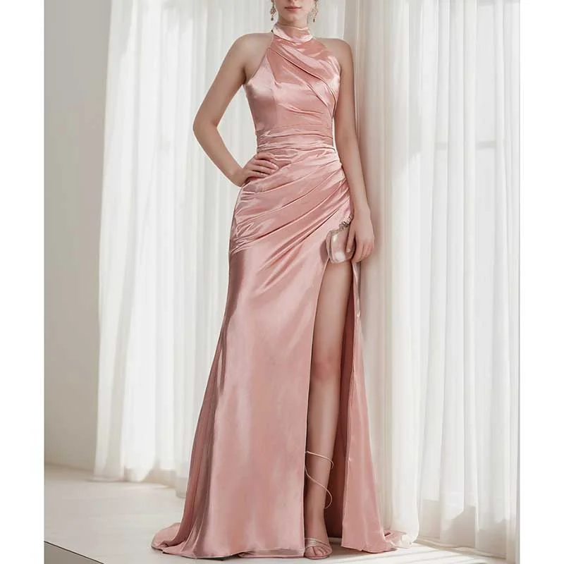 Don't Miss Out Halter Satin Fitted Prom Dress Split Long Bridesmaid Dress Feminine Soft - Hued Look