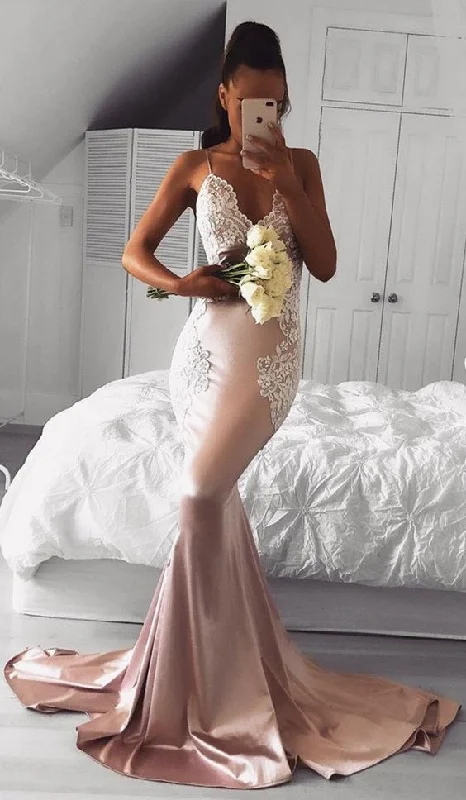 Flash Sale Now sexy spaghetti strap pink prom dress with lace appliques, bodycon mermaid pink elastic satin evening dress with lace appliques   cg16872 Modern Romance