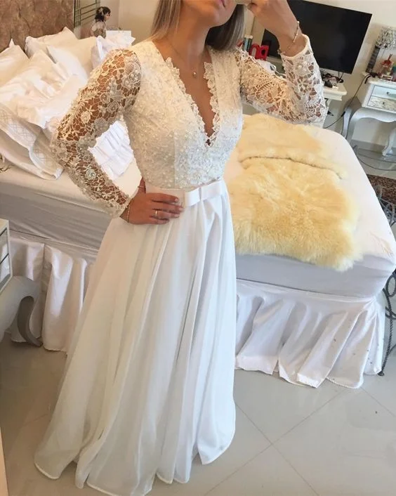 Discover Now Elegant Long Sleeve A Line Evening Dresses Lace Floor Length Sexy V Neck See Through Back White Custom Made Prom Dress   cg12174 Ethnic Cultural Event Wear