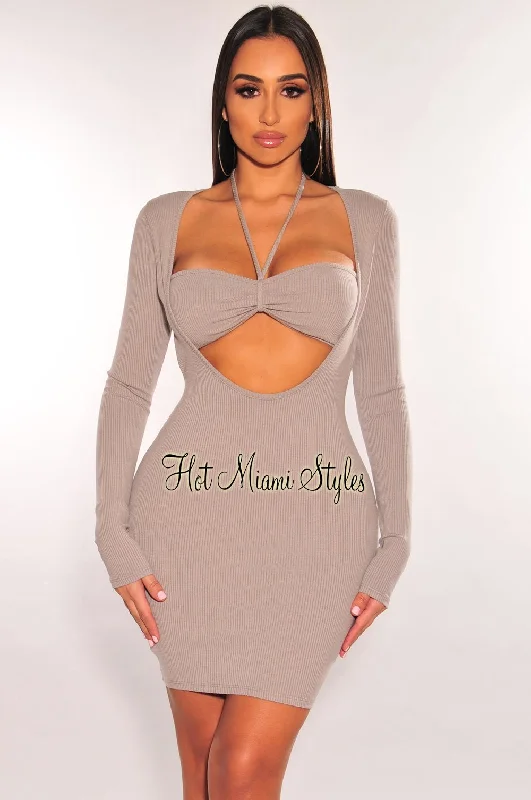 Exclusive Sale Light Gray Ribbed Halter Cut Out Long Sleeve Dress Vintage Look