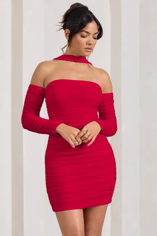 Low Price Special Thea | Red Ruched Long-Sleeved Bodycon Mini Dress With Halter Collar Parisian Effortless Chic Style