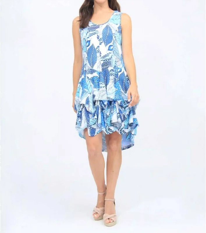 Retro Style Promotions Sleeveless Tropical Print Ruffle Dress In Multi Blue Weekend Special