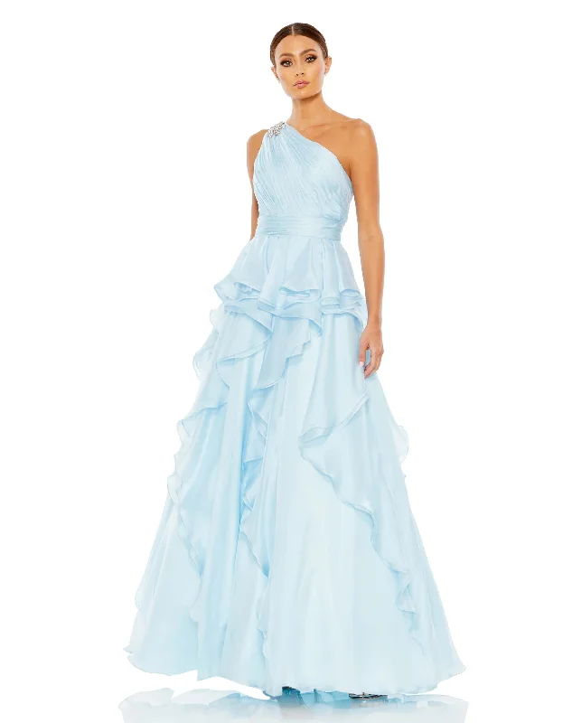 Glamorous Fashion Offers Jewel Broach One Shoulder Cascade Layered Gown Bohemian Vibe