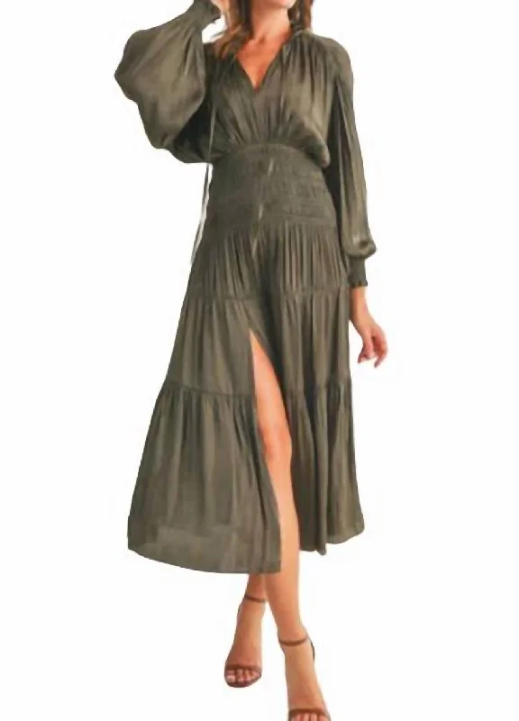 Contemporary Fashion Sale Satin Midi Dress In Olive Elevated Style