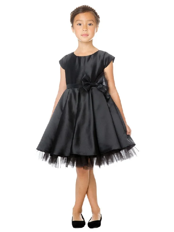 Flash Sale Big Girls Black Full Pleated Satin Bow Junior Bridesmaid Dress 7-12 Minimalist Chic