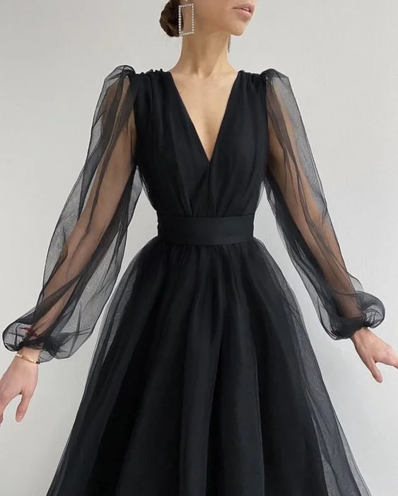 Affordable Trendy Fashion Unique Black Tulle Long Sleeves Prom Dress  cg10005 Chic Allure