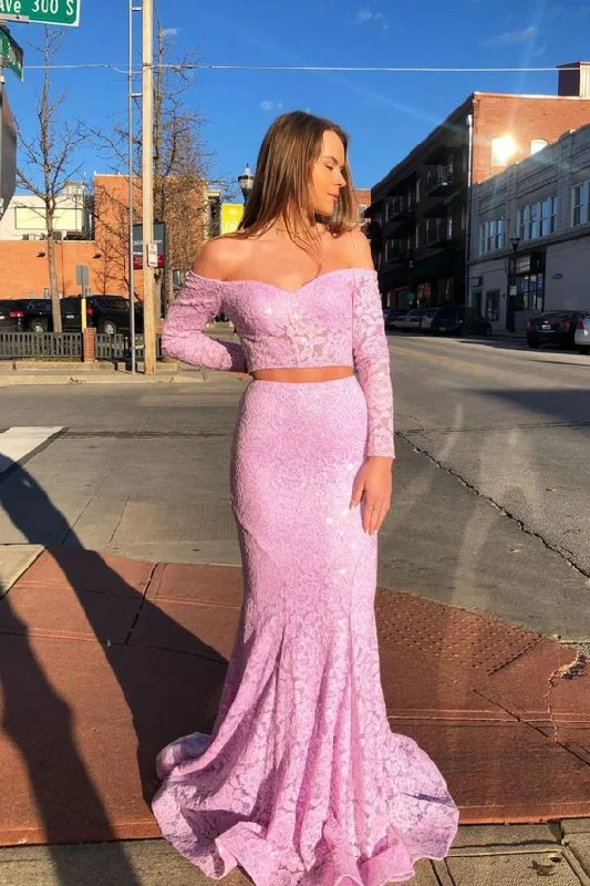 Limited-Time Offer elegant pink off the shoulder lace long prom dress with long sleeves           cg23619 Ethnic Cultural Event Wear