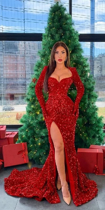 Budget Saver Long Sleeves Red Sequin Prom Dresses, Sexy Side Slit Mermaid Prom Dresses, 2021 Prom Dresses   cg15973 Elegant Ensemble