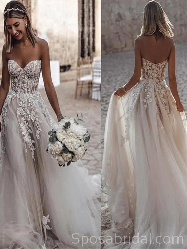 Urban Style Promotions Beach A Line Tulle Applique Floor Length Wedding Dresses, Sweetheart Strapless Sleeveless Zipper Wedding Gowns, WD0351 Minimalist Elegant