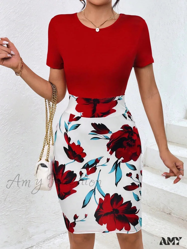 Affordable Luxury Fashion Amy Fashion - Floral Print Bodycon Dress Classic Timeless Elegant Style