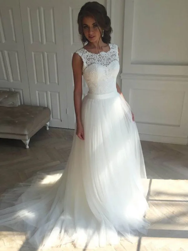 The Latest Fashion Trends Unique Scoop Lace A-line Long Cheap Wedding Dresses Online, WD357 Elevated Style