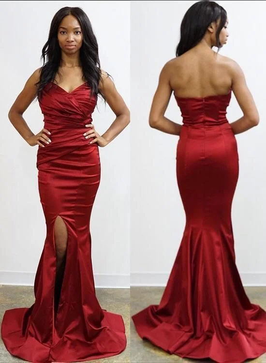 Limited Stock, Big Discounts Burgundy Strapless Bodycon Slit Prom Dresses Mermaid Open Back Evening Dresses    cg17849 Subtle Sophistication