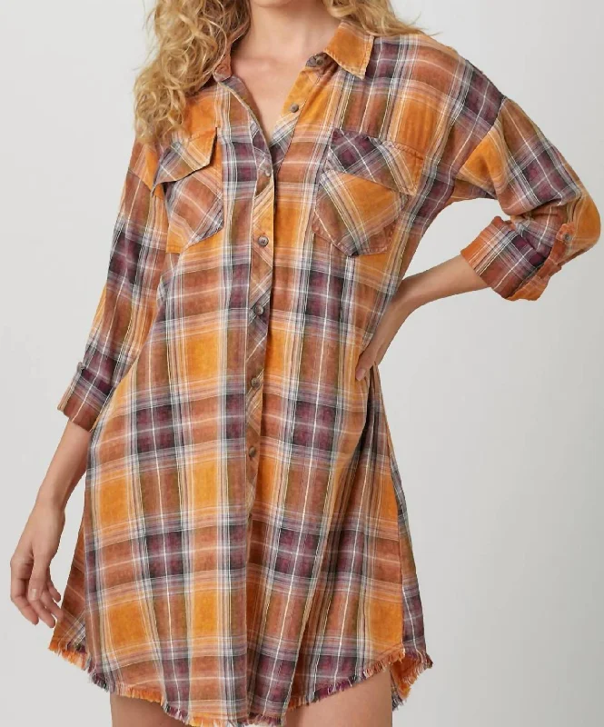 Unbeatable Prices Rolled Up Sleeve Washed Plaid Shirt Dress In Pumpkin Flowing Silhouette