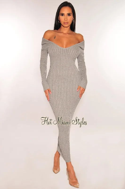 End-Of-Season Clearance Heather Gray Ribbed Knit Long Sleeves Dress Feminine Soft - Hued Look