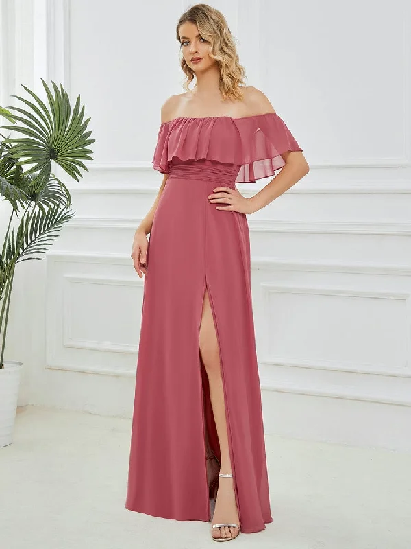 Classy Style Discounts Off Shoulder Chiffon Maxi Bridesmaid Dresses with Side Split Feminine Elegant