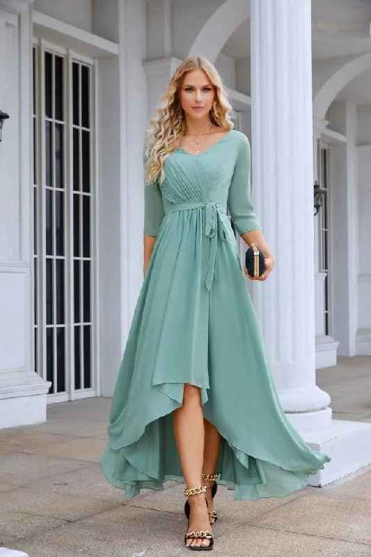 Athleisure Style Sale Ladies Chiffon Long Sleeve V Neck Floor Length Bridesmaid Evening Dress Wedding Party Beach Evening Dress 28095 Luxe Layering