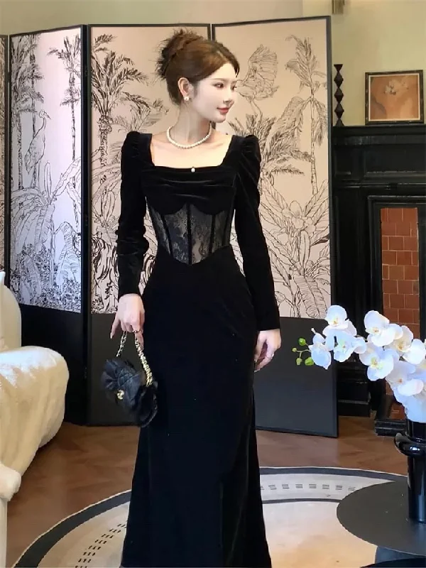 Trendy Street Style Pretty Sheath Square Neckline Black Velvet Long Sleeves Prom Dresses Formal Evening Dress C2683 Soft Textures