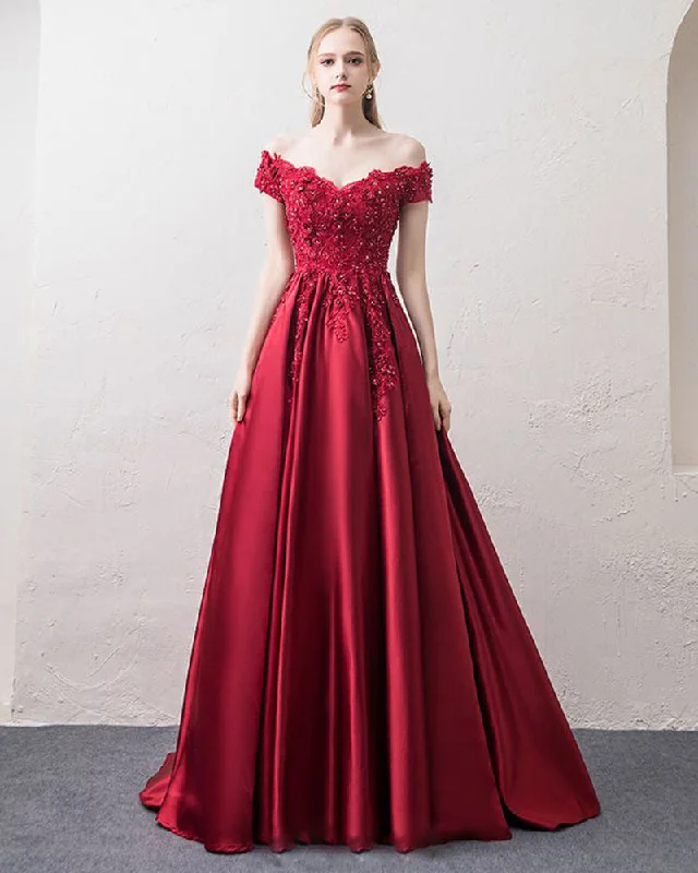 Exclusive Discounts Off Shoulder Wine Red A Line Satin Long Formal Dresses Prom Gown with Lace PL3390 Timeless Elegant