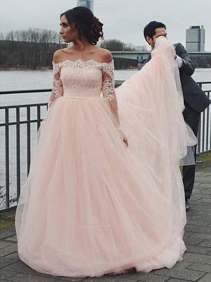 Unbeatable Deals Off Shoulder Long Sleeve Pink A-line Wedding Dresses Online, WD344 Contemporary Chic