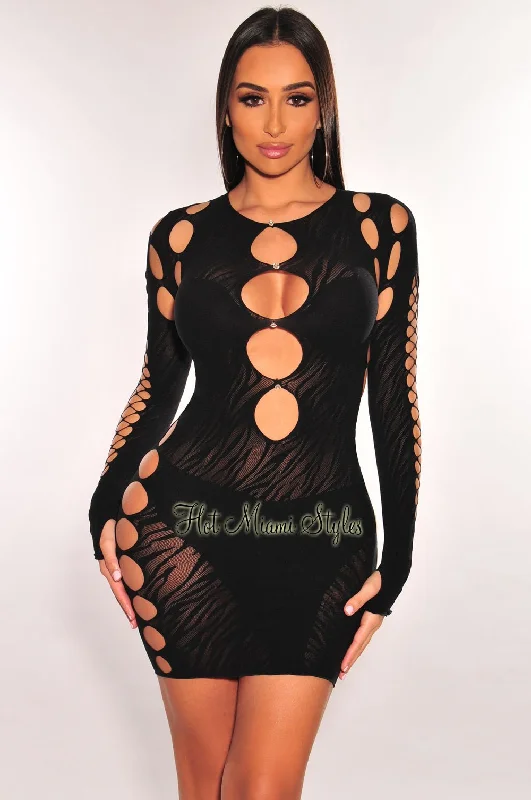 Enjoy Discount Black Rhinestone Cut Out  Long Sleeve Seamless Dress Parisian Effortless Chic Style