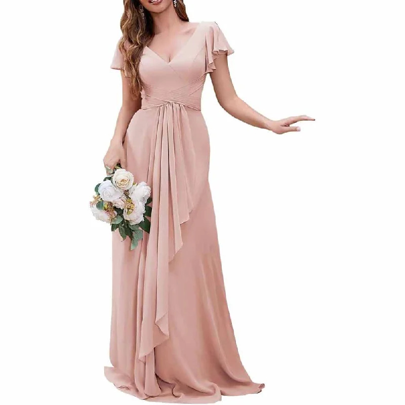 Huge Discounts This Week Women Chiffon Bridesmaid Dresses Short Sleeve Long Prom Dress V Neck Evening Gown Feminine Allure