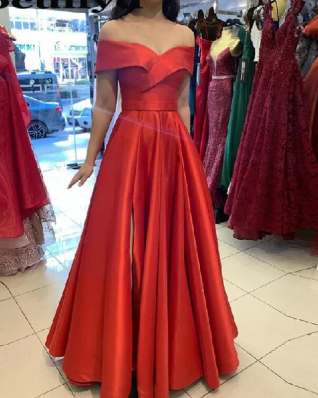 Classy Style Discounts A Line Satin Off the Shouder Long Red Prom Dress vestidos largos PL101163 Refined Simplicity