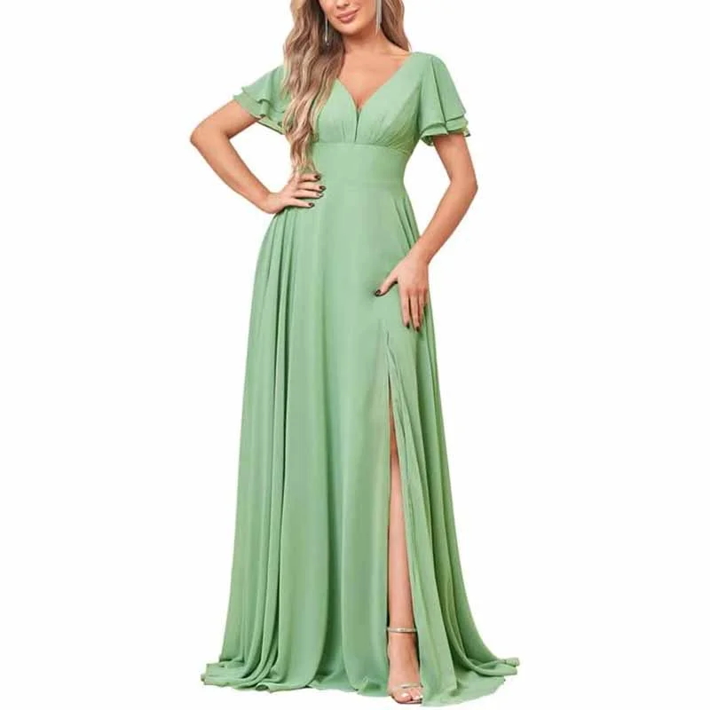 Trendy Threads Chiffon Bridesmaid Dresses Long V Neck Formal Evening Gown with Slit Exquisite Craftsmanship