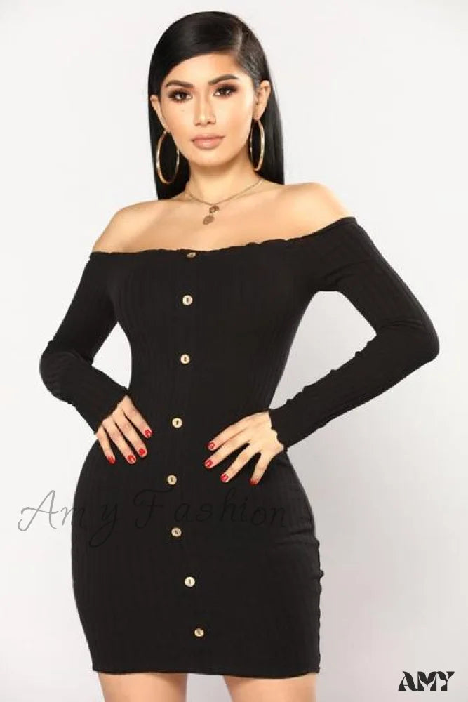 Limited Styles Amy Fashion - Long Sleeve Sexy Slash Neck Bodycon Dresses Graceful Cut