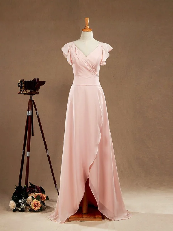 Fashion-Forward Numbersea Sheath Column V-neck Floor Length Chiffon Bridesmaid Dress Sleeves with Cascading Ruffles Feminine Soft - Hued Look